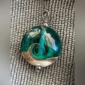 Wave design teal bead glass pendant